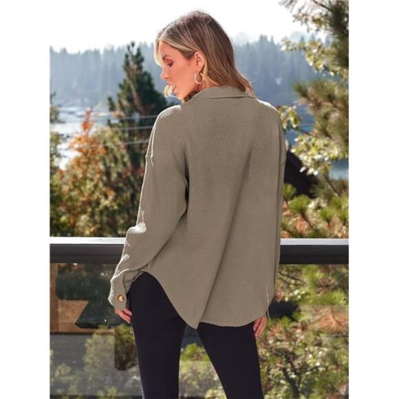 Women's Oversized Shacket – Waffle Knit Button-Down Shirt, Fall  Fashion - Picture 5 of 7